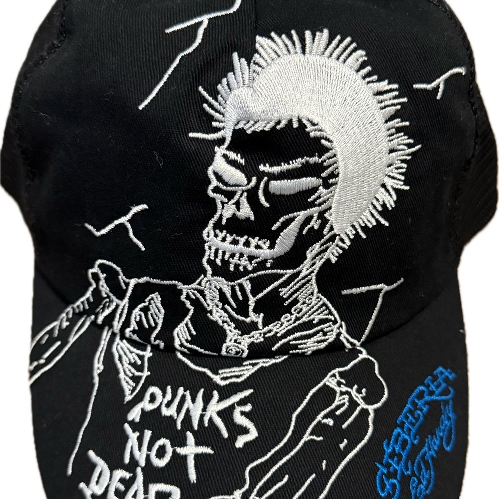 Ed Hardy Black Baseball Cap with White & Blue Embroidered Punk Skeleton